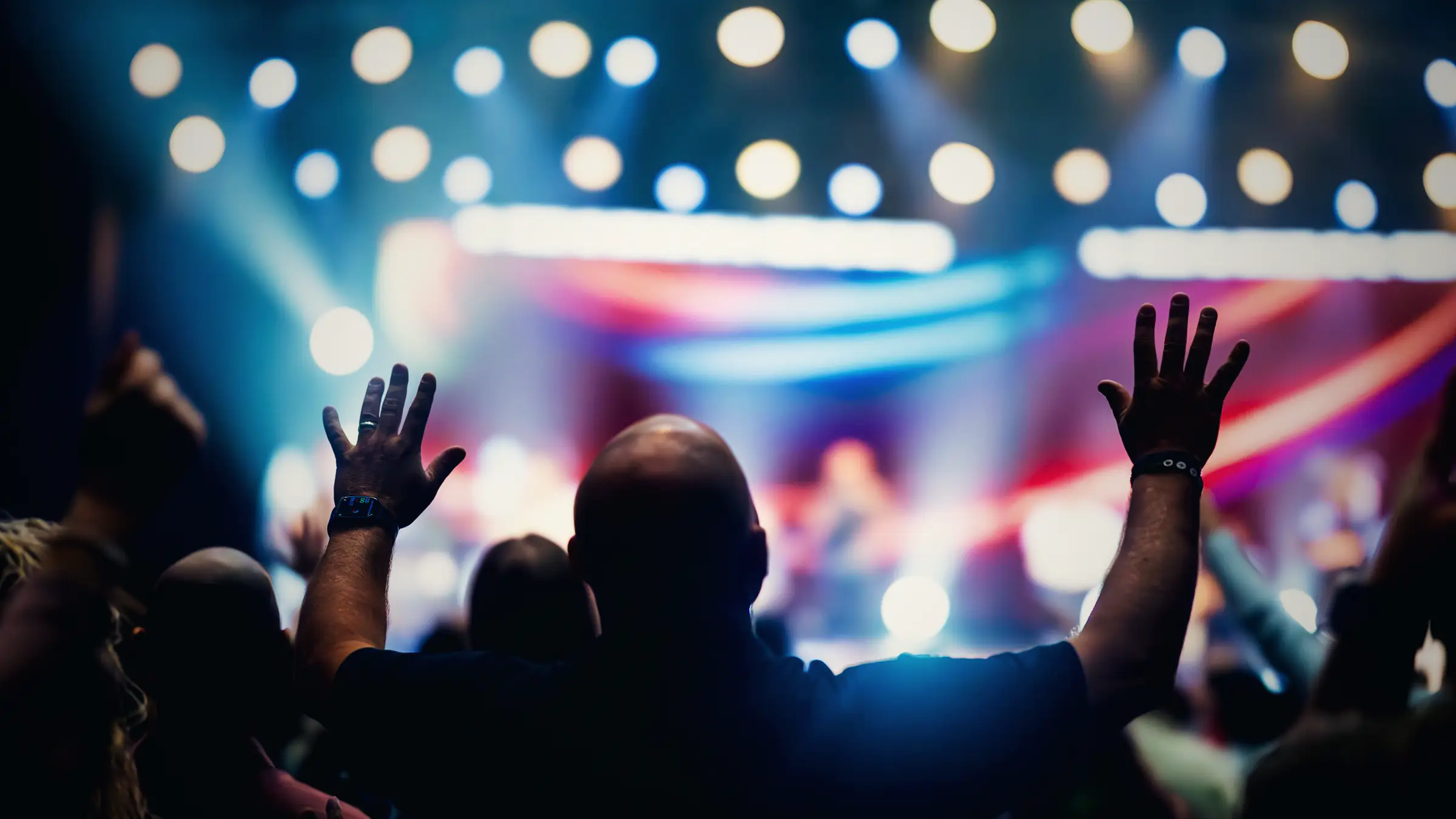 A fan with both hands raised toward a lit concert stage
